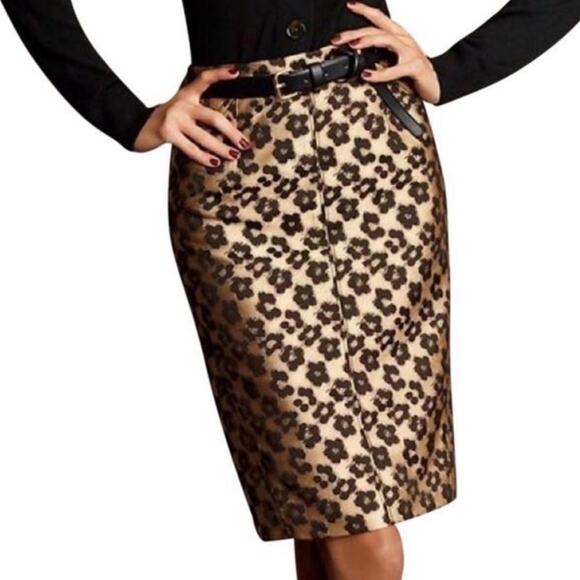 Ann Taylor Maven Jacquard Leopard Pencil Skirt Black Gold Size 8P - Picture 1 of 7